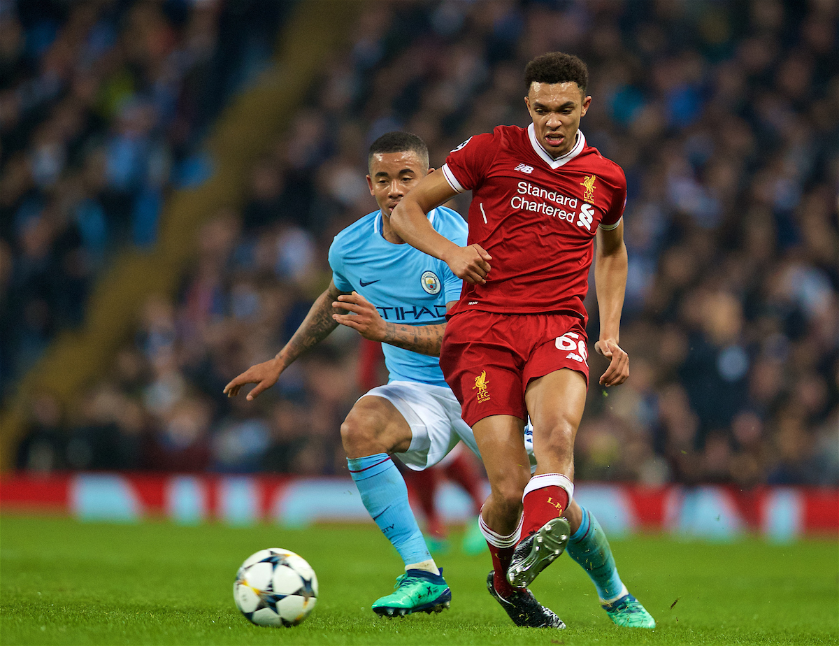 MANCHESTER, ENGLAND - Tuesday, April 10, 2018: Liverpool's Trent Alexander-Arnold (right) and Manchester City's Gabriel Jesus (left) during the UEFA Champions League Quarter-Final 2nd Leg match between Manchester City FC and Liverpool FC at the City of Manchester Stadium. (Pic by David Rawcliffe/Propaganda)