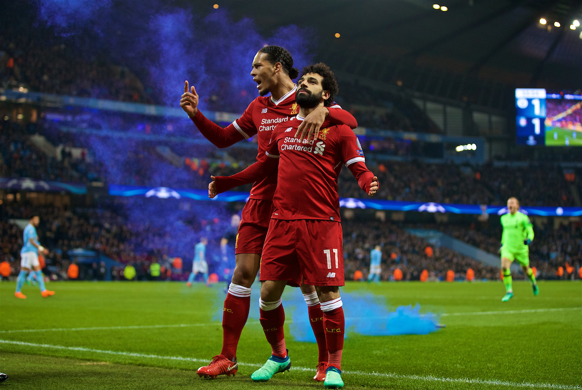 MANCHESTER, ENGLAND - Tuesday, April 10, 2018: Liverpool's Mohamed Salah celebrates scoring the first goal to equalise and make the score 1-1 with team-mate Virgil van Dijk during the UEFA Champions League Quarter-Final 2nd Leg match between Manchester City FC and Liverpool FC at the City of Manchester Stadium. (Pic by David Rawcliffe/Propaganda)