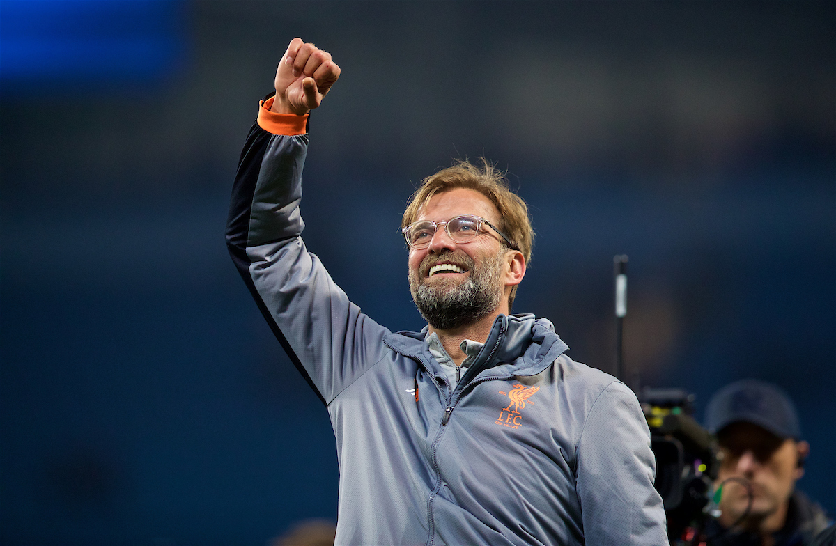 MANCHESTER, ENGLAND - Tuesday, April 10, 2018: Liverpool's manager Jürgen Klopp celebrates after the 2-1 (5-1 aggregate) victory over Manchester City during the UEFA Champions League Quarter-Final 2nd Leg match between Manchester City FC and Liverpool FC at the City of Manchester Stadium. (Pic by David Rawcliffe/Propaganda)