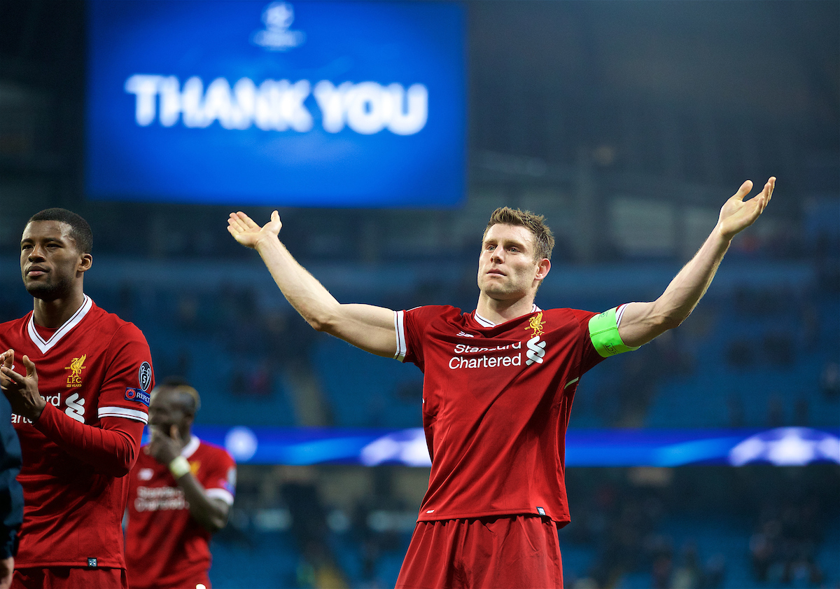 MANCHESTER, ENGLAND - Tuesday, April 10, 2018: Liverpool's captain James Milner celebrates after the 2-1 (5-1 aggregate) victory over Manchester City during the UEFA Champions League Quarter-Final 2nd Leg match between Manchester City FC and Liverpool FC at the City of Manchester Stadium. (Pic by David Rawcliffe/Propaganda)