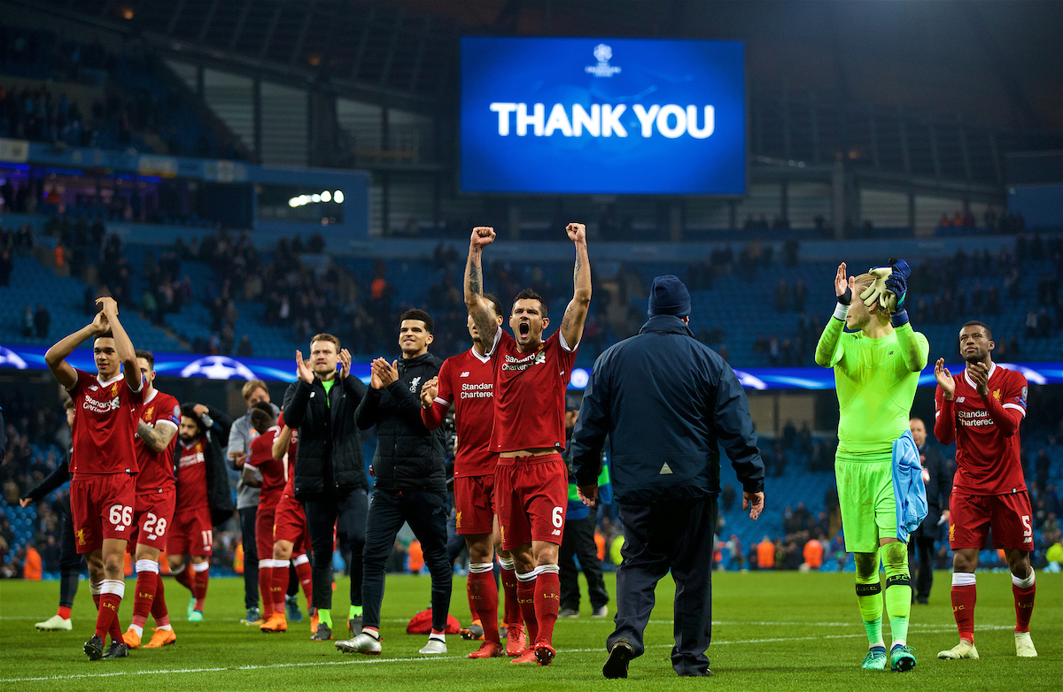 MANCHESTER, ENGLAND - Tuesday, April 10, 2018: Liverpool's Dejan Lovren (centre) celebrates after the 2-1 (5-1 aggregate) victory over Manchester City during the UEFA Champions League Quarter-Final 2nd Leg match between Manchester City FC and Liverpool FC at the City of Manchester Stadium. (Pic by David Rawcliffe/Propaganda)