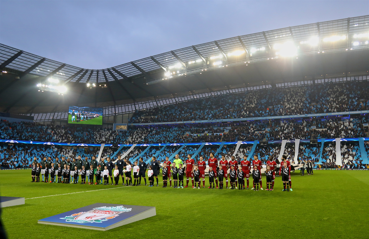 MANCHESTER, ENGLAND - Tuesday, April 10, 2018: Liverpool and Manchester City players line-up before the UEFA Champions League Quarter-Final 2nd Leg match between Manchester City FC and Liverpool FC at the City of Manchester Stadium. (Pic by David Rawcliffe/Propaganda)