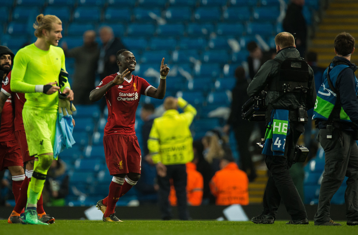 MANCHESTER, ENGLAND - Tuesday, April 10, 2018: Sadio Mane of Liverpool reacts after winning the UEFA Champions League Quarter-Final 2nd Leg match between Manchester City FC and Liverpool FC at the City of Manchester Stadium. (Pic by Peter Powell/Propaganda)