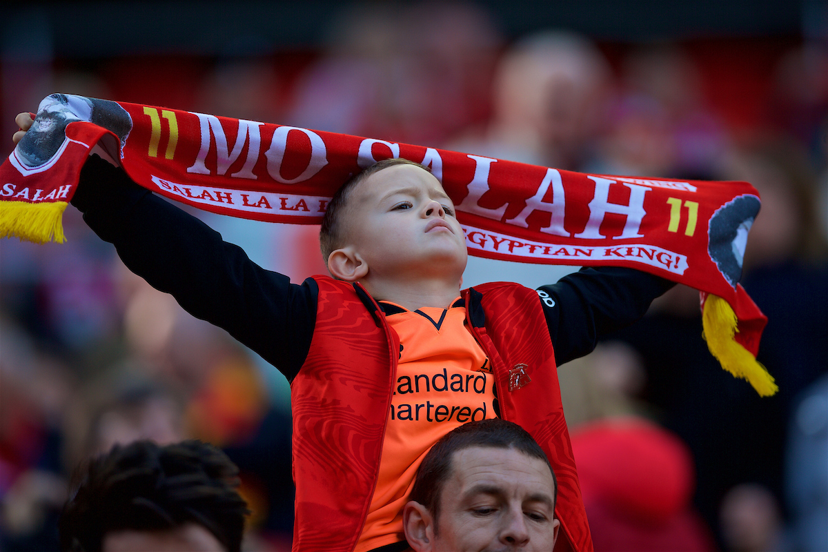 LIVERPOOL, ENGLAND - Saturday, April 14, 2018: A young Liverpool supporter with a Mohamed Salah scarf before the FA Premier League match between Liverpool FC and AFC Bournemouth at Anfield. (Pic by Laura Malkin/Propaganda)