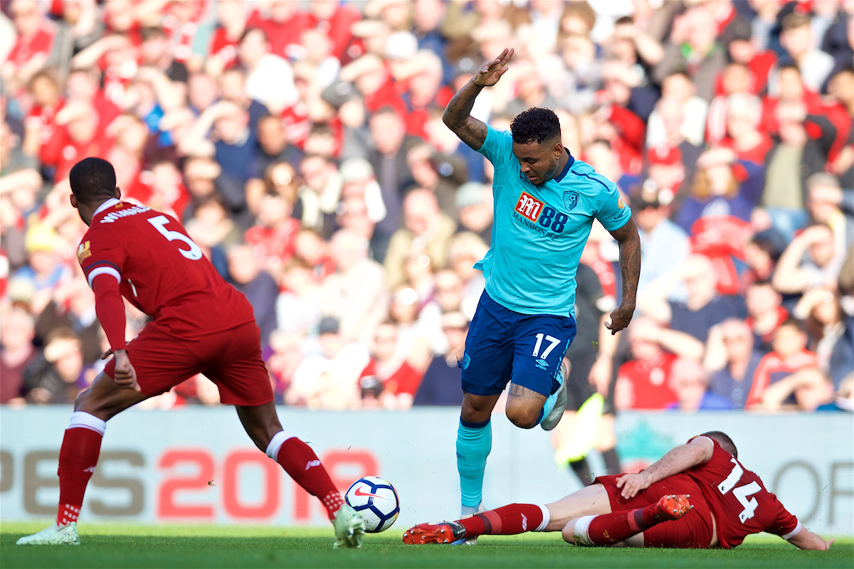LIVERPOOL, ENGLAND - Saturday, April 14, 2018: AFC Bournemouth's Joshua King is tackled by Liverpool's captain Jordan Henderson during the FA Premier League match between Liverpool FC and AFC Bournemouth at Anfield. (Pic by Laura Malkin/Propaganda)