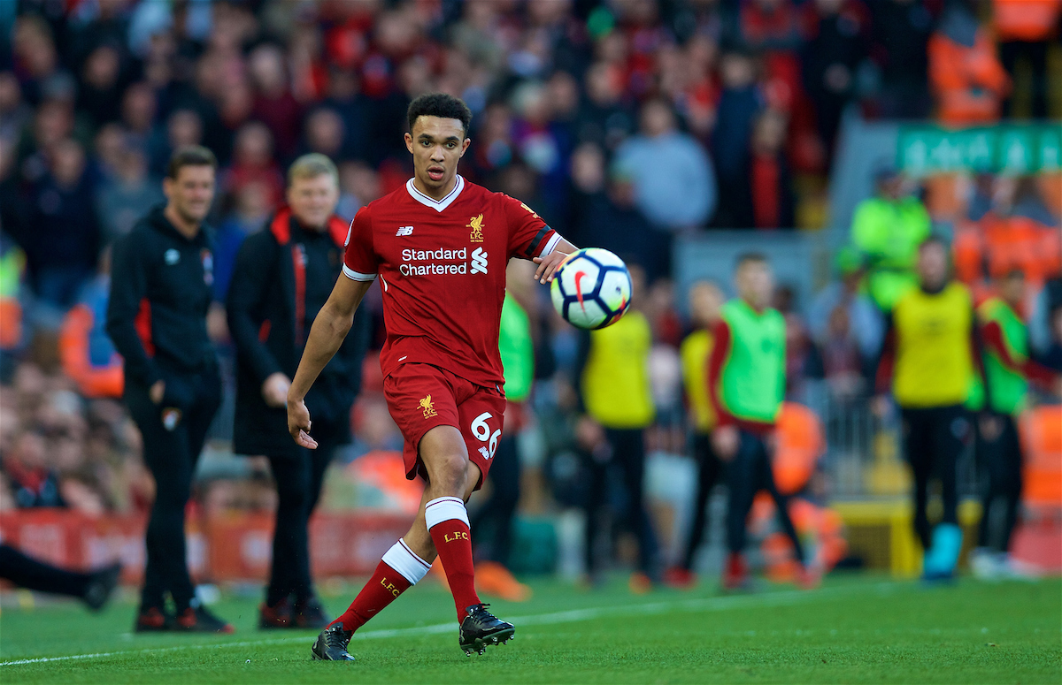 LIVERPOOL, ENGLAND - Saturday, April 14, 2018: Liverpool's Trent Alexander-Arnold crosses the ball to set-up the second goal during the FA Premier League match between Liverpool FC and AFC Bournemouth at Anfield. (Pic by Laura Malkin/Propaganda)