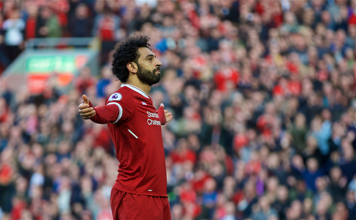 LIVERPOOL, ENGLAND - Saturday, April 14, 2018: Liverpool's Mohamed Salah celebrates scoring the second goal during the FA Premier League match between Liverpool FC and AFC Bournemouth at Anfield. (Pic by Laura Malkin/Propaganda)