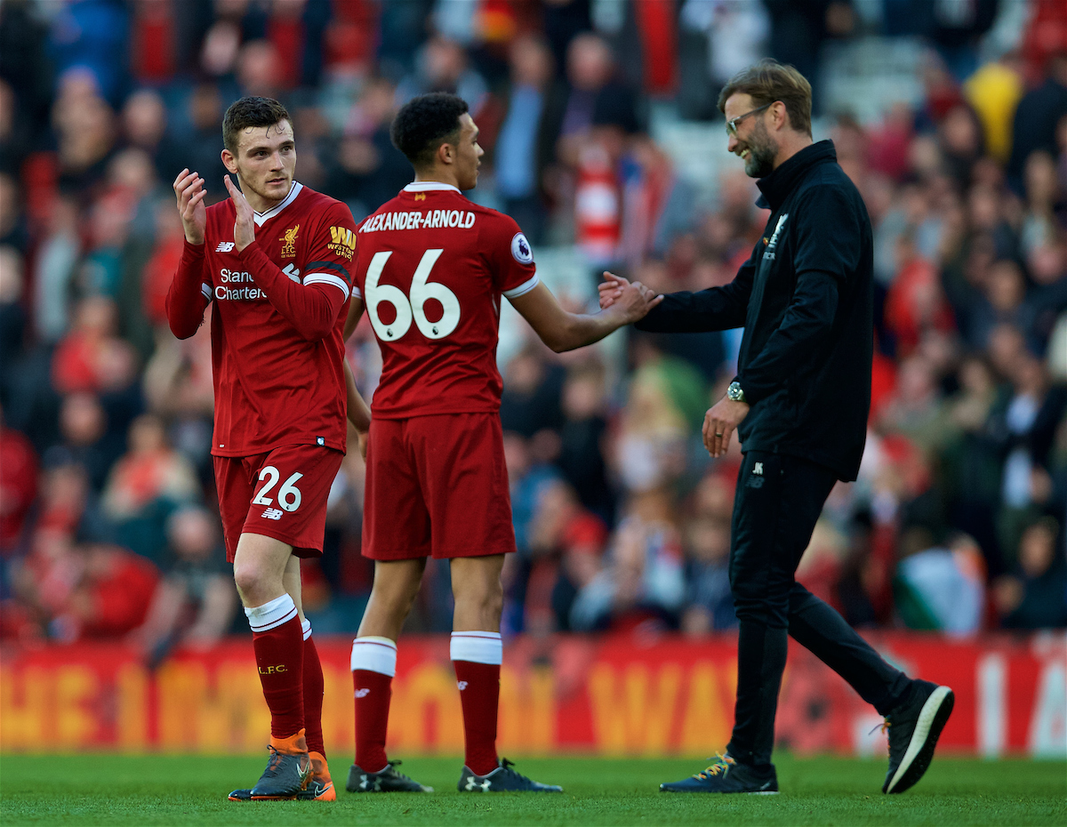 LIVERPOOL, ENGLAND - Saturday, April 14, 2018: Liverpool's manager Jürgen Klopp embraces Trent Alexander-Arnold after the 3-0 victory during the FA Premier League match between Liverpool FC and AFC Bournemouth at Anfield. (Pic by Laura Malkin/Propaganda)