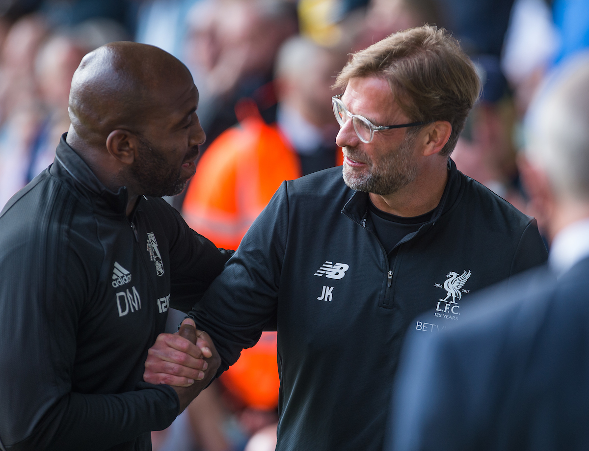 WEST BROMWICH, ENGLAND - Saturday, April 21, 2018: Liverpool’s manager Jurgen Klopp reacts with West Bromwich Albion caretaker manager Darren Moore during the FA Premier League match between West Bromwich Albion FC and Liverpool FC at the Hawthorns. (Pic by Peter Powell/Propaganda)