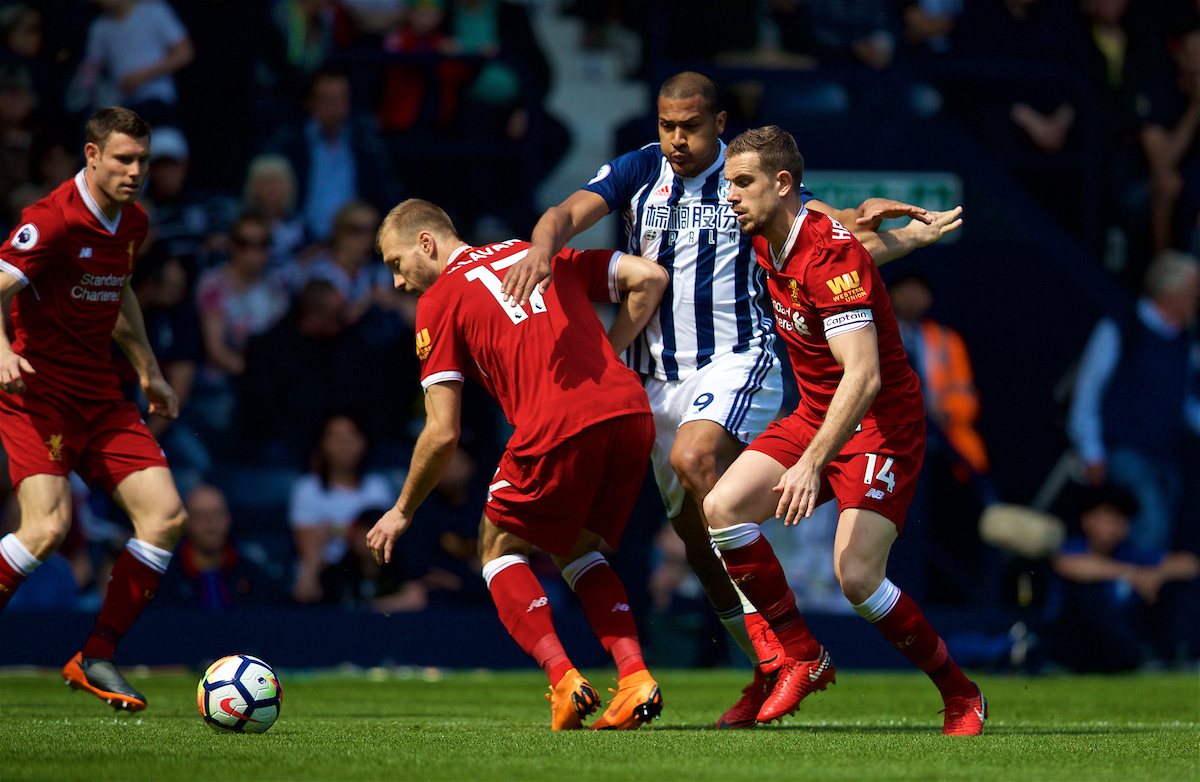 WEST BROMWICH, ENGLAND - Saturday, April 21, 2018: West Bromwich Albion's Salomon Rondon (centre) and Liverpool's Ragnar Klavan (left) and captain Jordan Henderson (right) during the FA Premier League match between West Bromwich Albion FC and Liverpool FC at the Hawthorns. (Pic by David Rawcliffe/Propaganda)