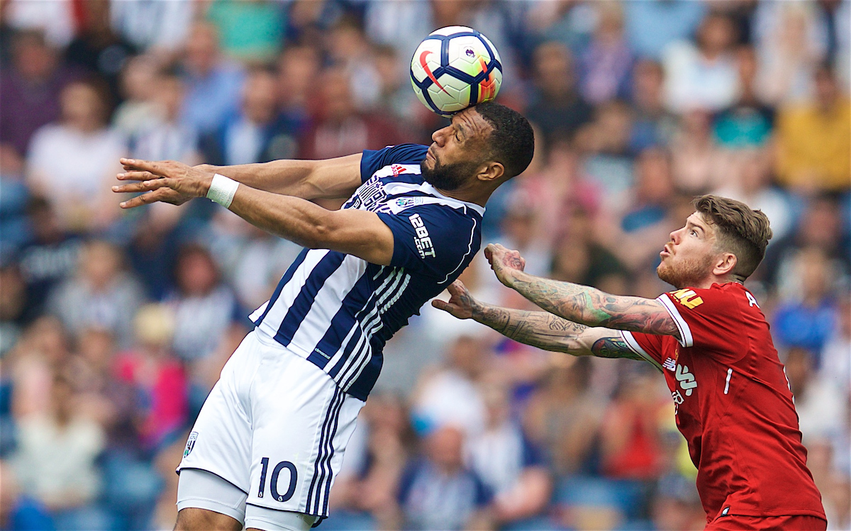 WEST BROMWICH, ENGLAND - Saturday, April 21, 2018: West Bromwich Albion's Matt Phillips and Liverpool's Alberto Moreno (right) during the FA Premier League match between West Bromwich Albion FC and Liverpool FC at the Hawthorns. (Pic by David Rawcliffe/Propaganda)