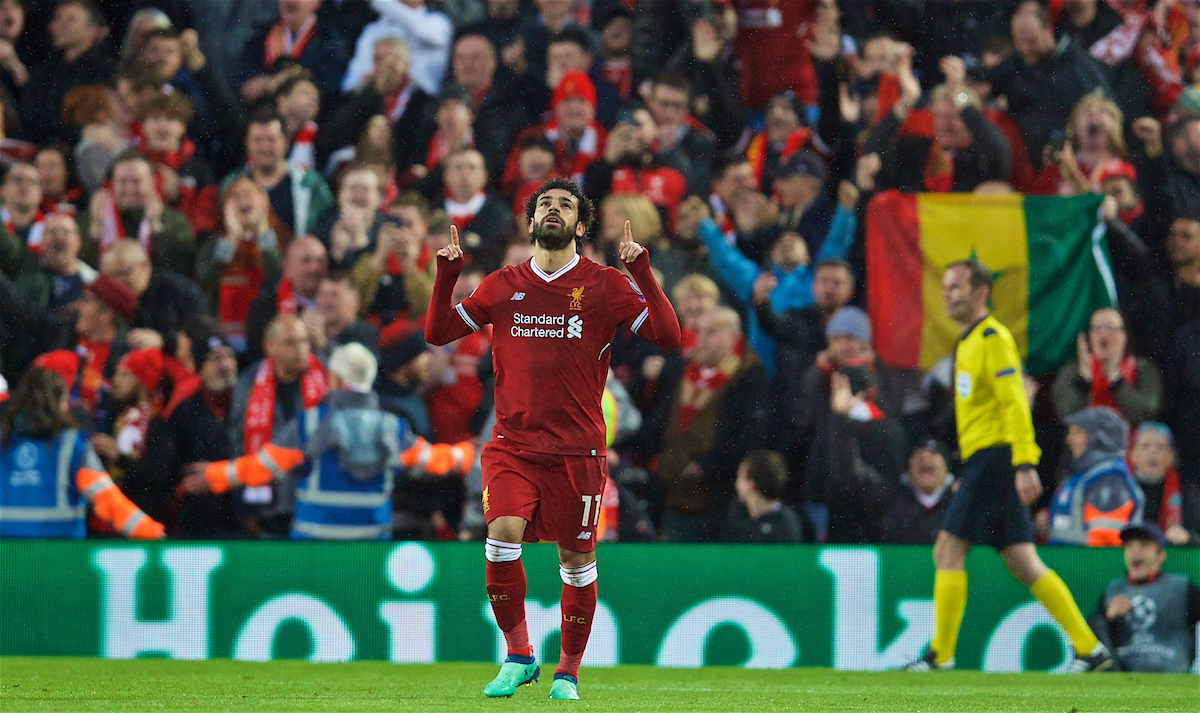 LIVERPOOL, ENGLAND - Tuesday, April 24, 2018: Liverpool's Mohamed Salah celebrates scoring the first goal during the UEFA Champions League Semi-Final 1st Leg match between Liverpool FC and AS Roma at Anfield. (Pic by David Rawcliffe/Propaganda)