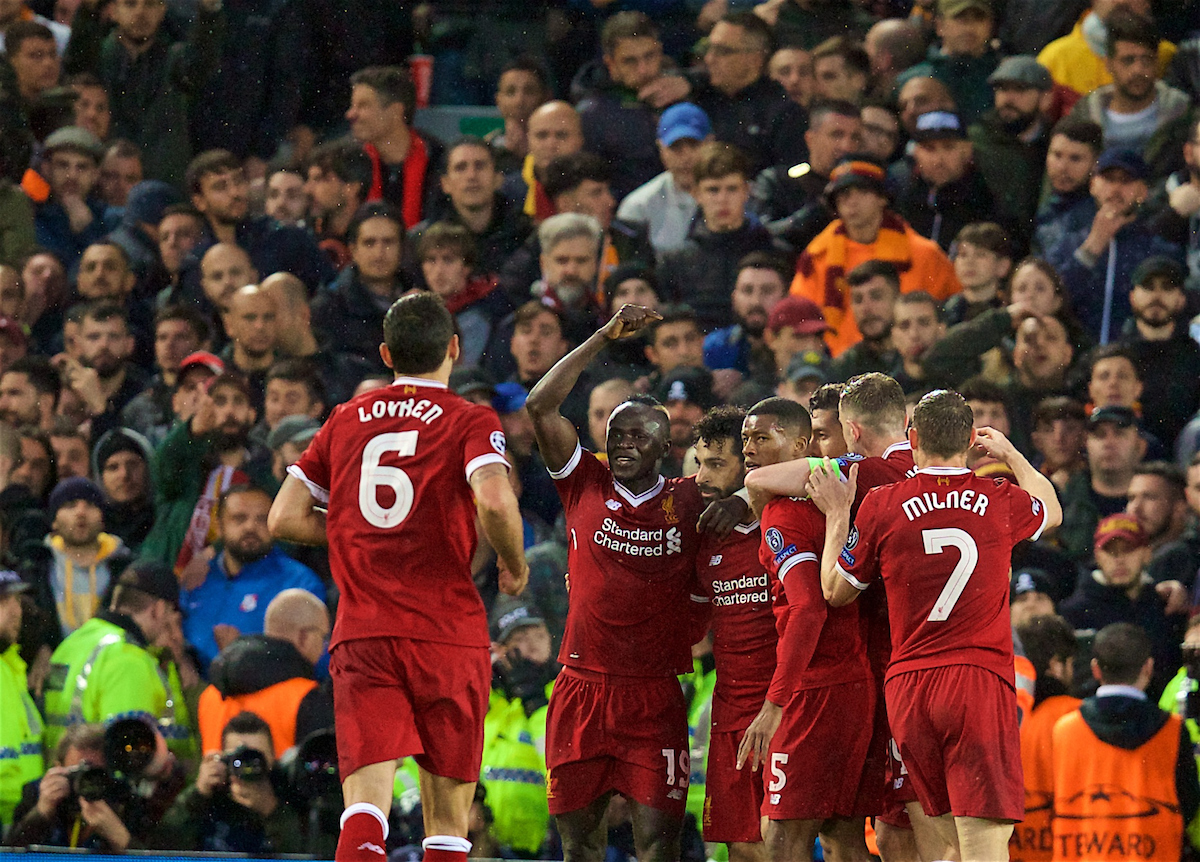 LIVERPOOL, ENGLAND - Tuesday, April 24, 2018: Liverpool's Mohamed Salah celebrates scoring the second goal during the UEFA Champions League Semi-Final 1st Leg match between Liverpool FC and AS Roma at Anfield. (Pic by David Rawcliffe/Propaganda)