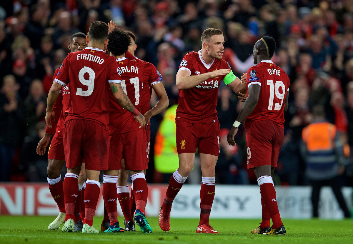 LIVERPOOL, ENGLAND - Tuesday, April 24, 2018: Liverpool's Sadio Mane celebrates scoring the third goal with team-mate captain Jordan Henderson during the UEFA Champions League Semi-Final 1st Leg match between Liverpool FC and AS Roma at Anfield. (Pic by David Rawcliffe/Propaganda)