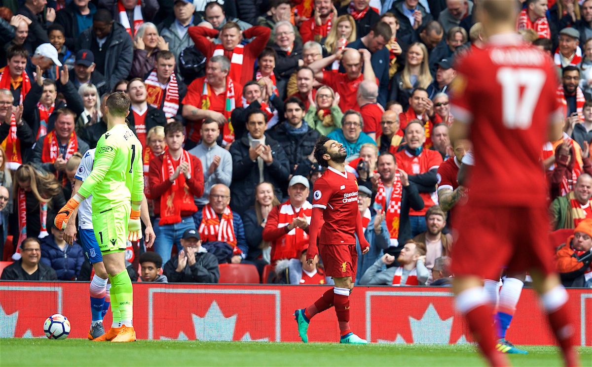 LIVERPOOL, ENGLAND - Saturday, April 28, 2018: Liverpool's Mohamed Salah looks dejected after missing a chance during the FA Premier League match between Liverpool FC and Stoke City FC at Anfield. (Pic by David Rawcliffe/Propaganda)