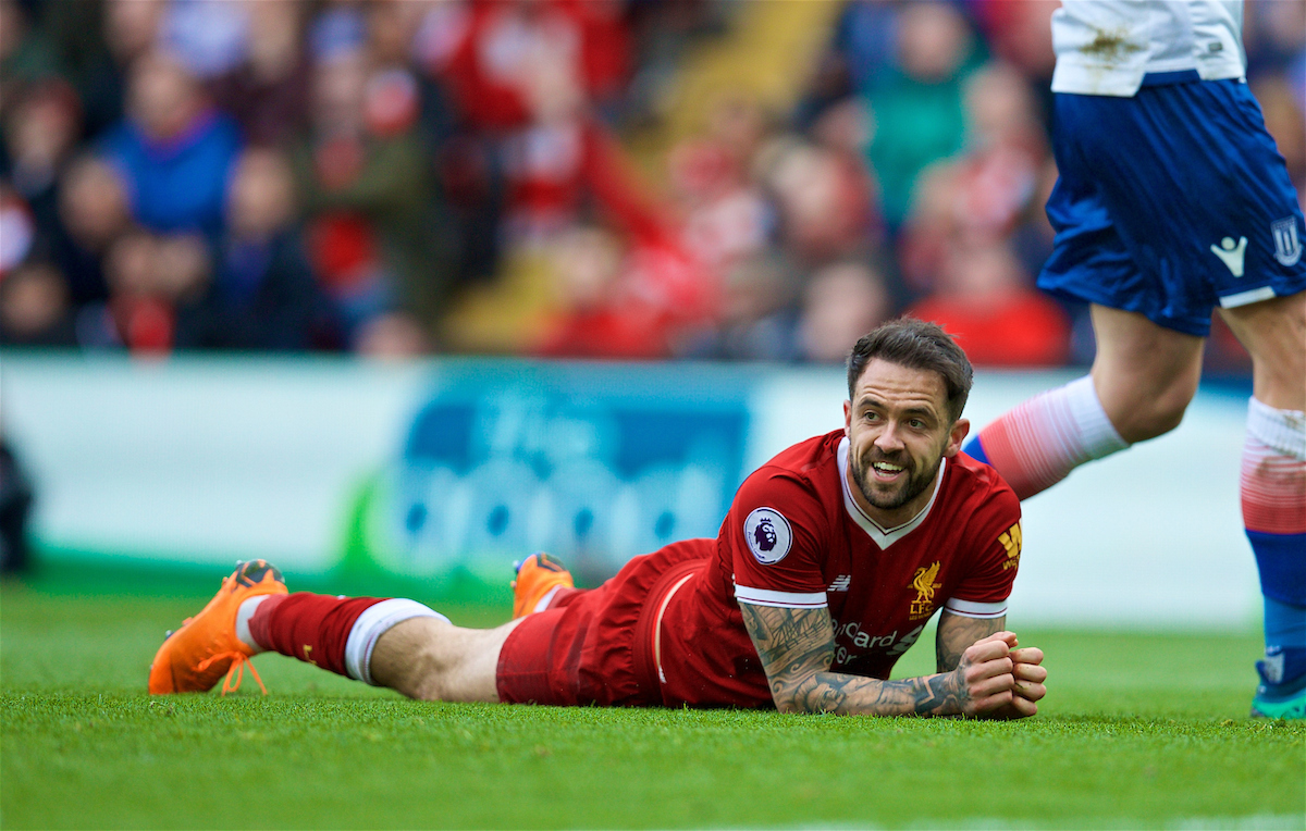 LIVERPOOL, ENGLAND - Saturday, April 28, 2018: Liverpool's Danny Ings appeals for a penalty after being brought down by Stoke City's Phil Bardsley during the FA Premier League match between Liverpool FC and Stoke City FC at Anfield. (Pic by David Rawcliffe/Propaganda)