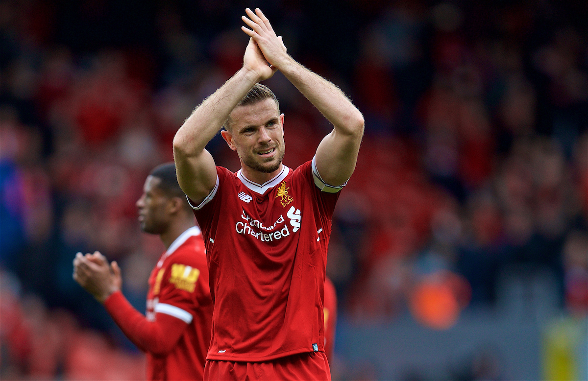 LIVERPOOL, ENGLAND - Saturday, April 28, 2018: Liverpool's captain Jordan Henderson after the goal-less draw against Stoke City during the FA Premier League match between Liverpool FC and Stoke City FC at Anfield. (Pic by David Rawcliffe/Propaganda)