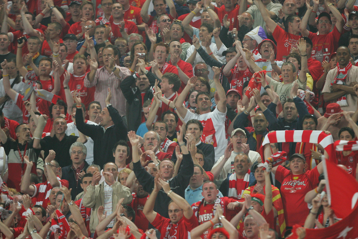 ISTANBUL, TURKEY - WEDNESDAY, MAY 25th, 2005: Liverpool's fans celebrate as their team scores the second goal against AC Milan during the UEFA Champions League Final at the Ataturk Olympic Stadium, Istanbul. (Pic by David Rawcliffe/Propaganda)