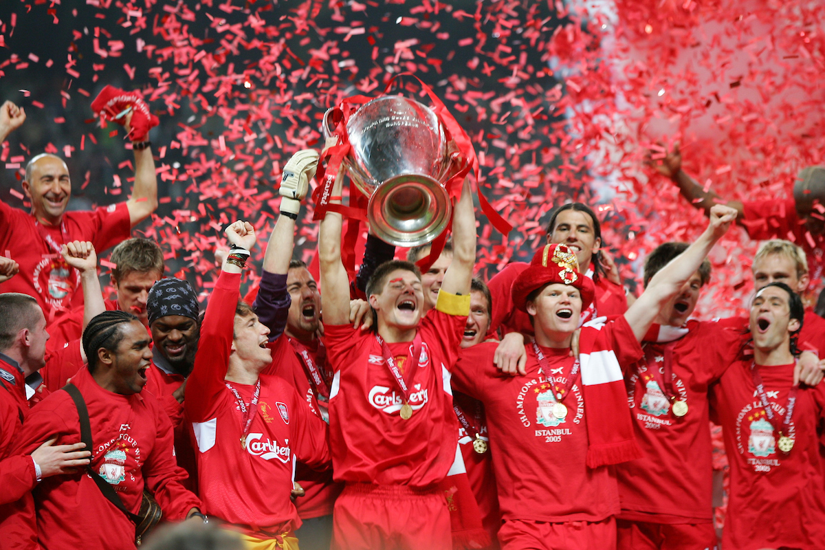 ISTANBUL, TURKEY - WEDNESDAY, MAY 25th, 2005: Liverpool's Steven Gerrard lifts the European Cup after beating AC Milan on penalties during the UEFA Champions League Final at the Ataturk Olympic Stadium, Istanbul. (Pic by David Rawcliffe/Propaganda)