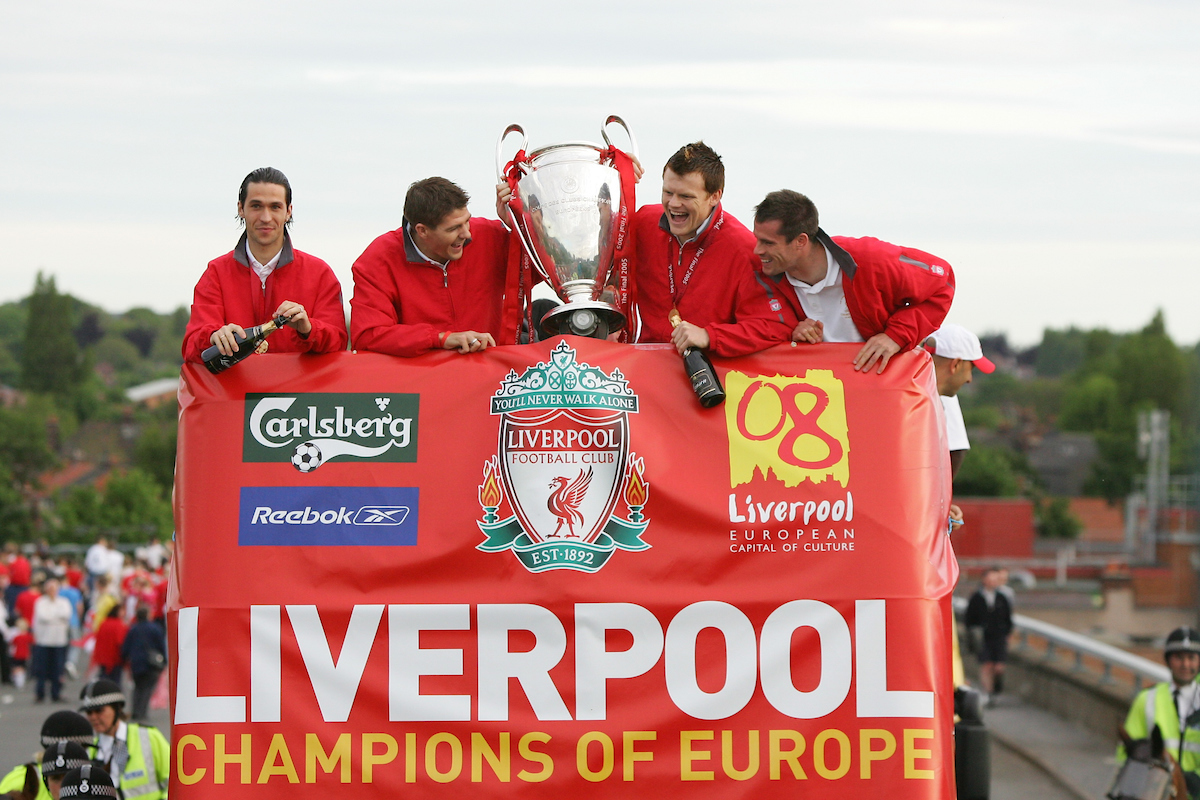 LIVERPOOL, ENGLAND - THURSDAY, MAY 26th, 2005: Liverpool players (L-R) Luis Garcia, Steven Gerrard, John Arne Riise and Jamie Carragher parade the European Champions Cup on on open-top bus tour of Liverpool in front of 500,000 fans after beating AC Milan in the UEFA Champions League Final at the Ataturk Olympic Stadium, Istanbul. (Pic by David Rawcliffe/Propaganda)