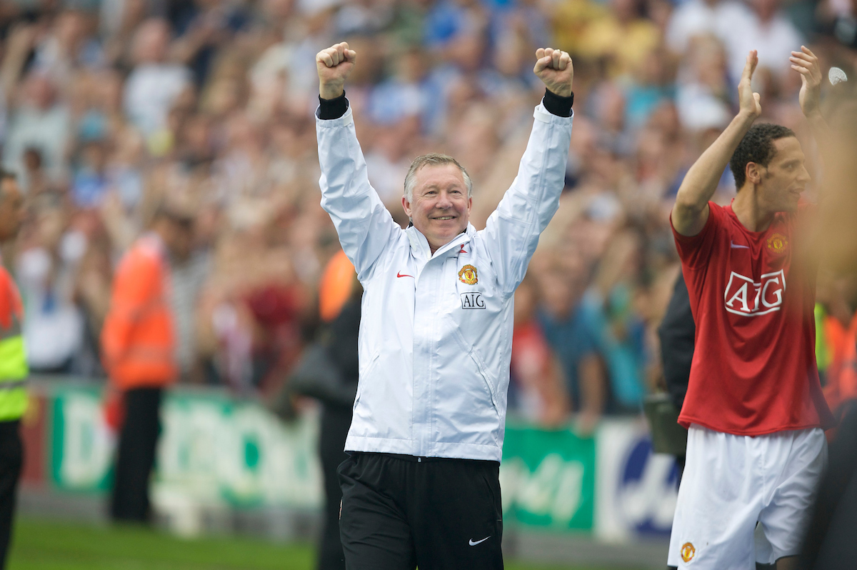 WIGAN, ENGLAND - Sunday, May 11, 2008: Manchester United's manager Alex Ferguson celebrates as his side beat Wigan Athletic 2-0 to win the Premier League for the 10th time during the final Premiership match of the season at the JJB Stadium. (Photo by David Rawcliffe/Propaganda)