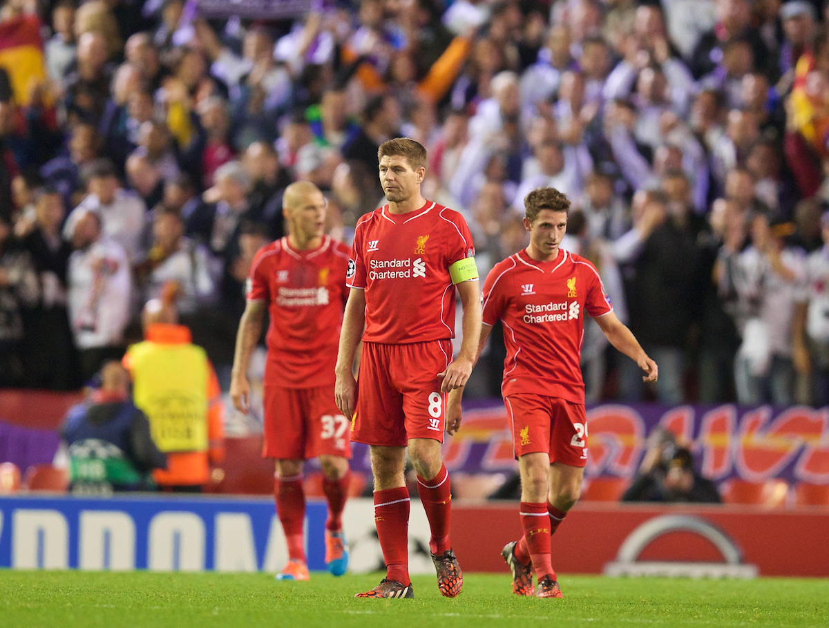 LIVERPOOL, ENGLAND - Wednesday, October 22, 2014: Liverpool's captain Steven Gerrard looks dejected as Real Madrid CF score the second goal during the UEFA Champions League Group B match at Anfield. (Pic by David Rawcliffe/Propaganda)