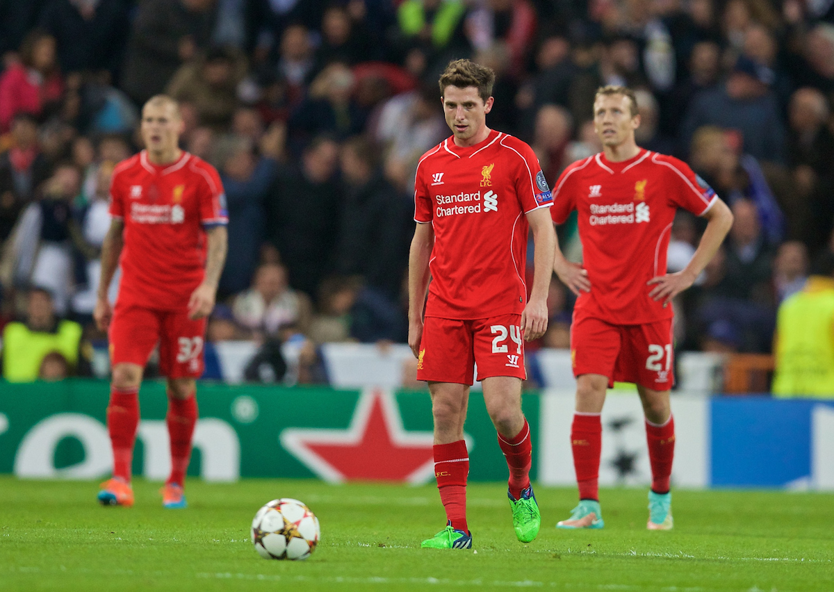 MADRID, SPAIN - Tuesday, November 4, 2014: Liverpool's Joe Allen looks dejected as Real Madrid score the winning goal during the UEFA Champions League Group B match at the Estadio Santiago Bernabeu. (Pic by David Rawcliffe/Propaganda)