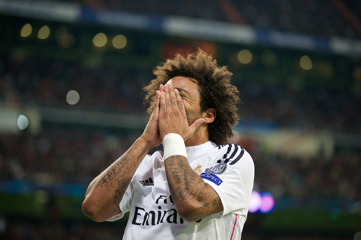 MADRID, SPAIN - Tuesday, November 4, 2014: Real Madrid'r Marcelo looks dejected after missing a chance against Liverpool during the UEFA Champions League Group B match at the Estadio Santiago Bernabeu. (Pic by David Rawcliffe/Propaganda)