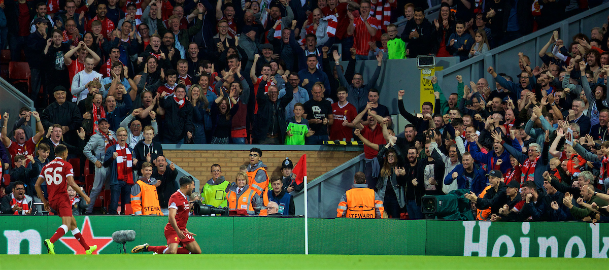 LIVERPOOL, ENGLAND - Wednesday, August 23, 2017: Liverpool's Emre Can celebrates scoring the third goal, his second, during the UEFA Champions League Play-Off 2nd Leg match between Liverpool and TSG 1899 Hoffenheim at Anfield. (Pic by David Rawcliffe/Propaganda)