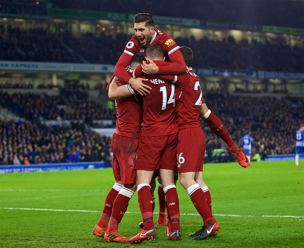 BRIGHTON AND HOVE, ENGLAND - Saturday, December 2, 2017: Liverpool's Philippe Coutinho Correia celebrates scoring the fourth goal with team-mate Emre Can during the FA Premier League match between Brighton & Hove Albion FC and Liverpool FC at the American Express Community Stadium. (Pic by David Rawcliffe/Propaganda)