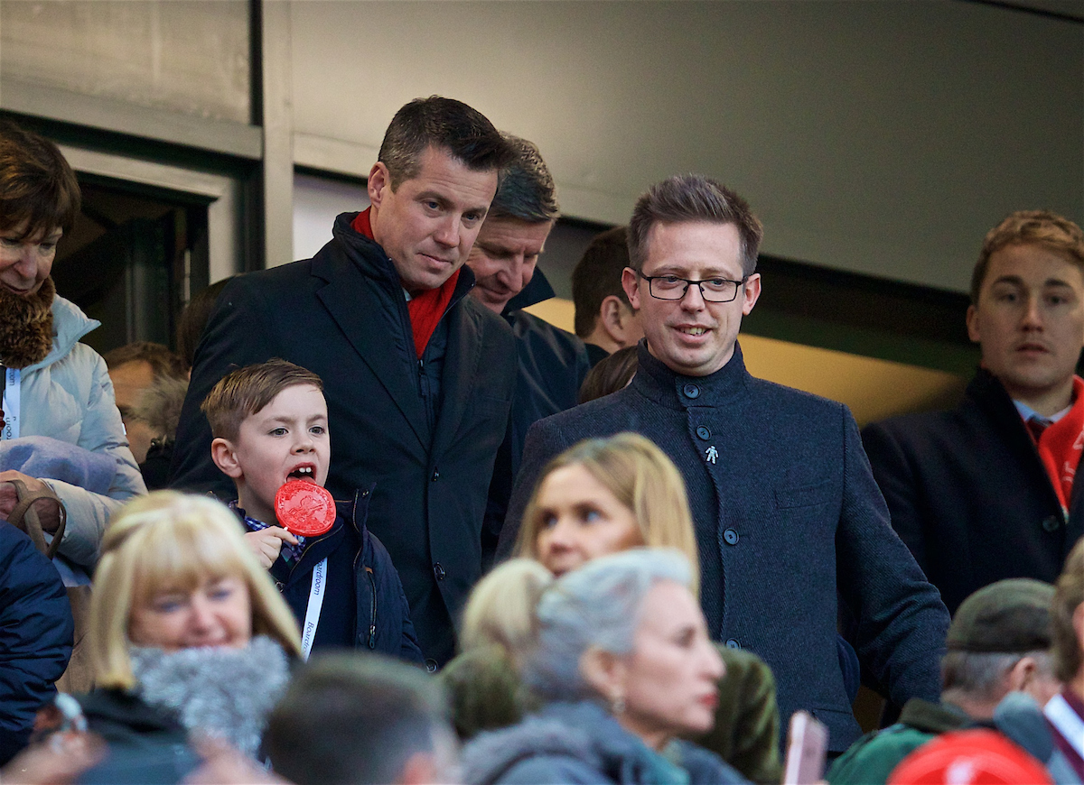 LIVERPOOL, ENGLAND - Saturday, December 30, 2017: Liverpool's Director of Football Michael Edwards and Commercial Director Billy Hogan during the FA Premier League match between Liverpool and Leicester City at Anfield. (Pic by David Rawcliffe/Propaganda)