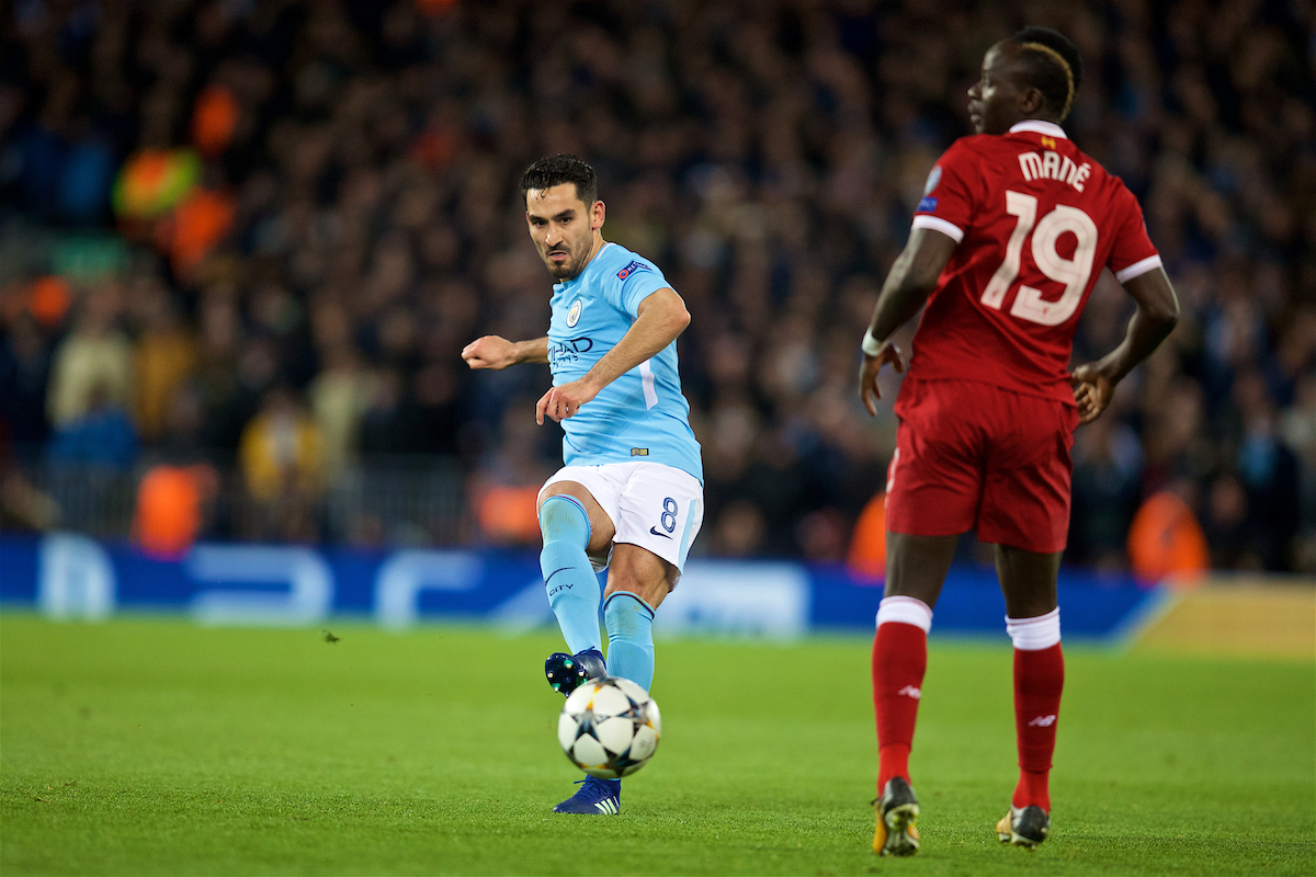 LIVERPOOL, ENGLAND - Wednesday, April 4, 2018: Manchester City's Ilkay Gundogan during the UEFA Champions League Quarter-Final 1st Leg match between Liverpool FC and Manchester City FC at Anfield. (Pic by David Rawcliffe/Propaganda)