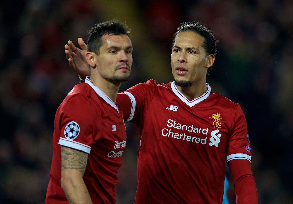 LIVERPOOL, ENGLAND - Wednesday, April 4, 2018: Liverpool's Virgil van Dijk (right) and Dejan Lovren during the UEFA Champions League Quarter-Final 1st Leg match between Liverpool FC and Manchester City FC at Anfield. (Pic by David Rawcliffe/Propaganda)