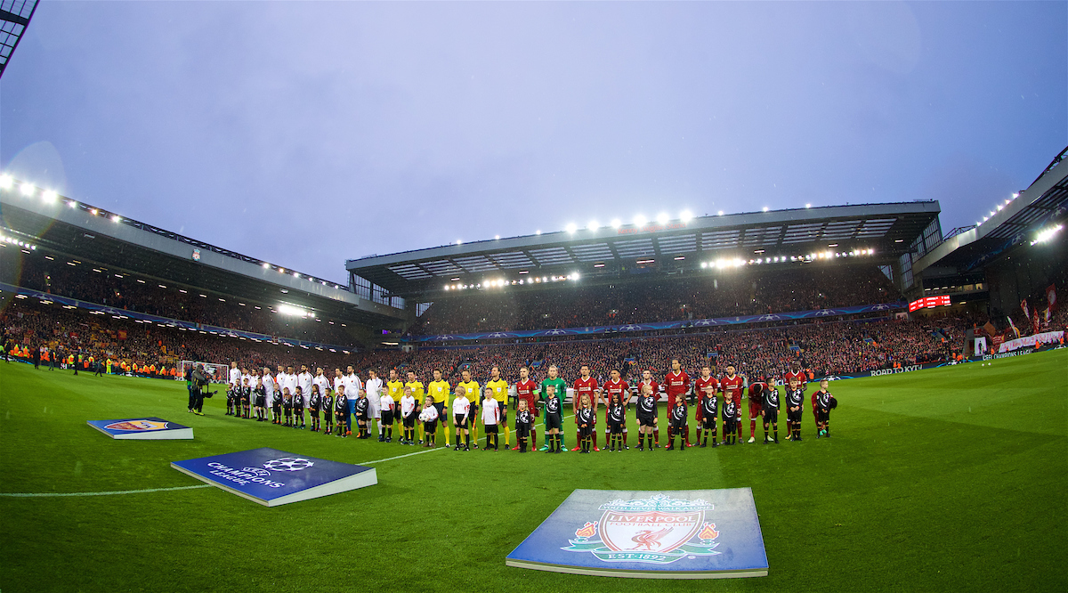 LIVERPOOL, ENGLAND - Tuesday, April 24, 2018: Liverpool and AS Roma players line-up before the UEFA Champions League Semi-Final 1st Leg match between Liverpool FC and AS Roma at Anfield. (Pic by David Rawcliffe/Propaganda)
