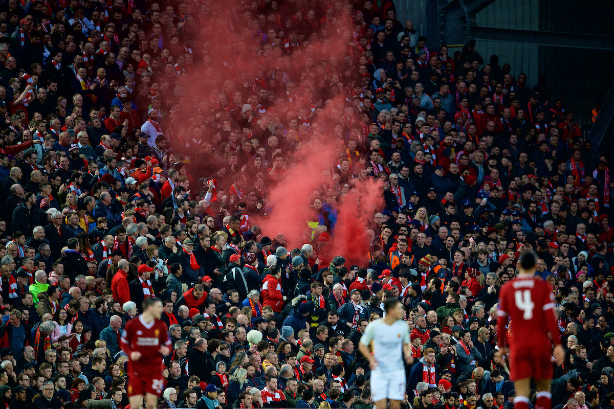 LIVERPOOL, ENGLAND - Tuesday, April 24, 2018: Liverpool supporters in the new Main Stand set off a red smoke bomb during the UEFA Champions League Semi-Final 1st Leg match between Liverpool FC and AS Roma at Anfield. (Pic by David Rawcliffe/Propaganda)