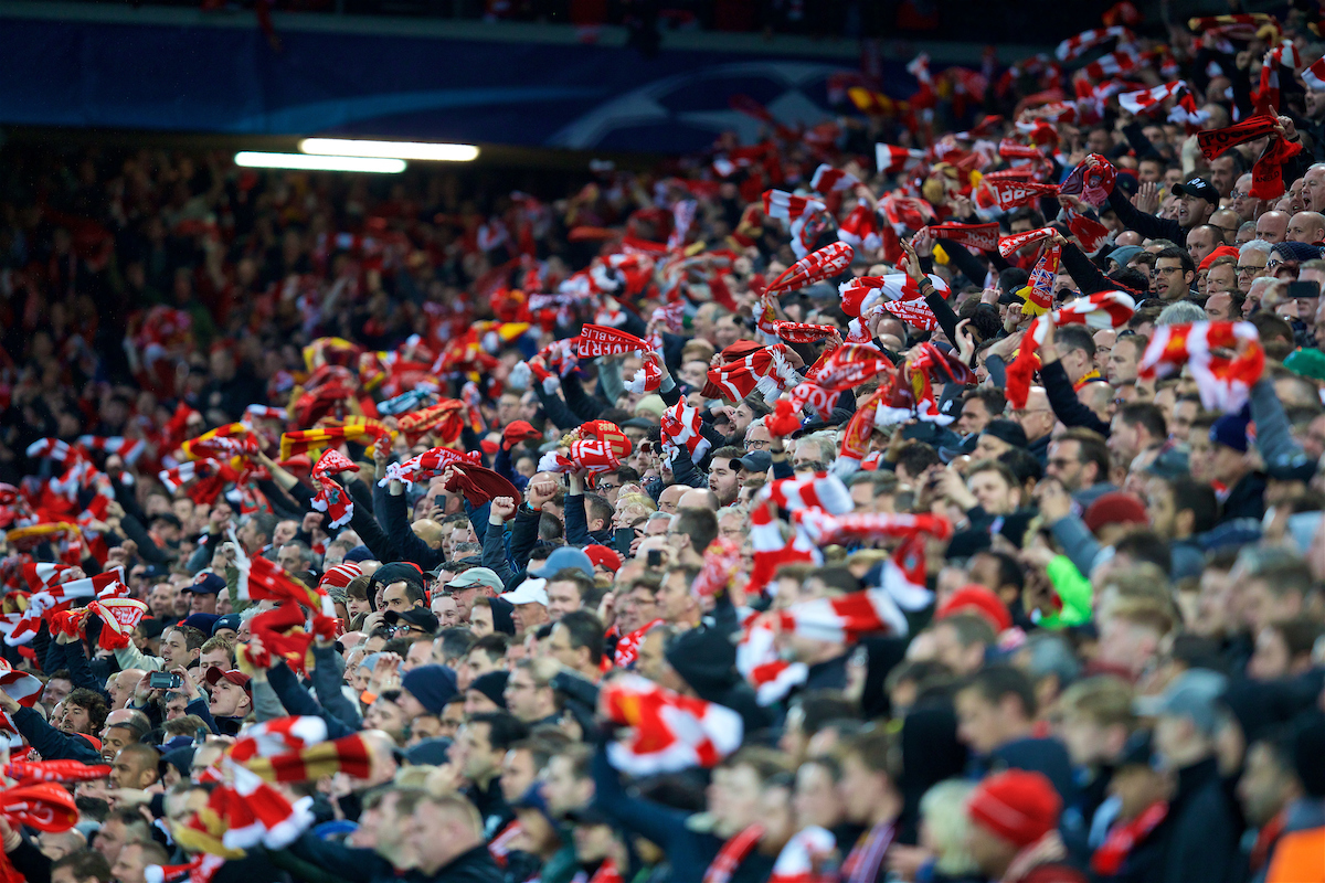 LIVERPOOL, ENGLAND - Tuesday, April 24, 2018: Liverpool supporters in the Kenny Dalglish Stand wave their scarves during the UEFA Champions League Semi-Final 1st Leg match between Liverpool FC and AS Roma at Anfield. (Pic by David Rawcliffe/Propaganda)