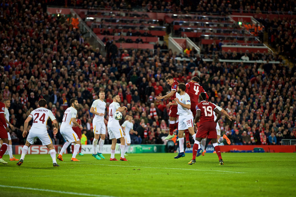 LIVERPOOL, ENGLAND - Tuesday, April 24, 2018: Liverpool's Roberto Firmino scores the fifth goal, with a header, during the UEFA Champions League Semi-Final 1st Leg match between Liverpool FC and AS Roma at Anfield. (Pic by David Rawcliffe/Propaganda)