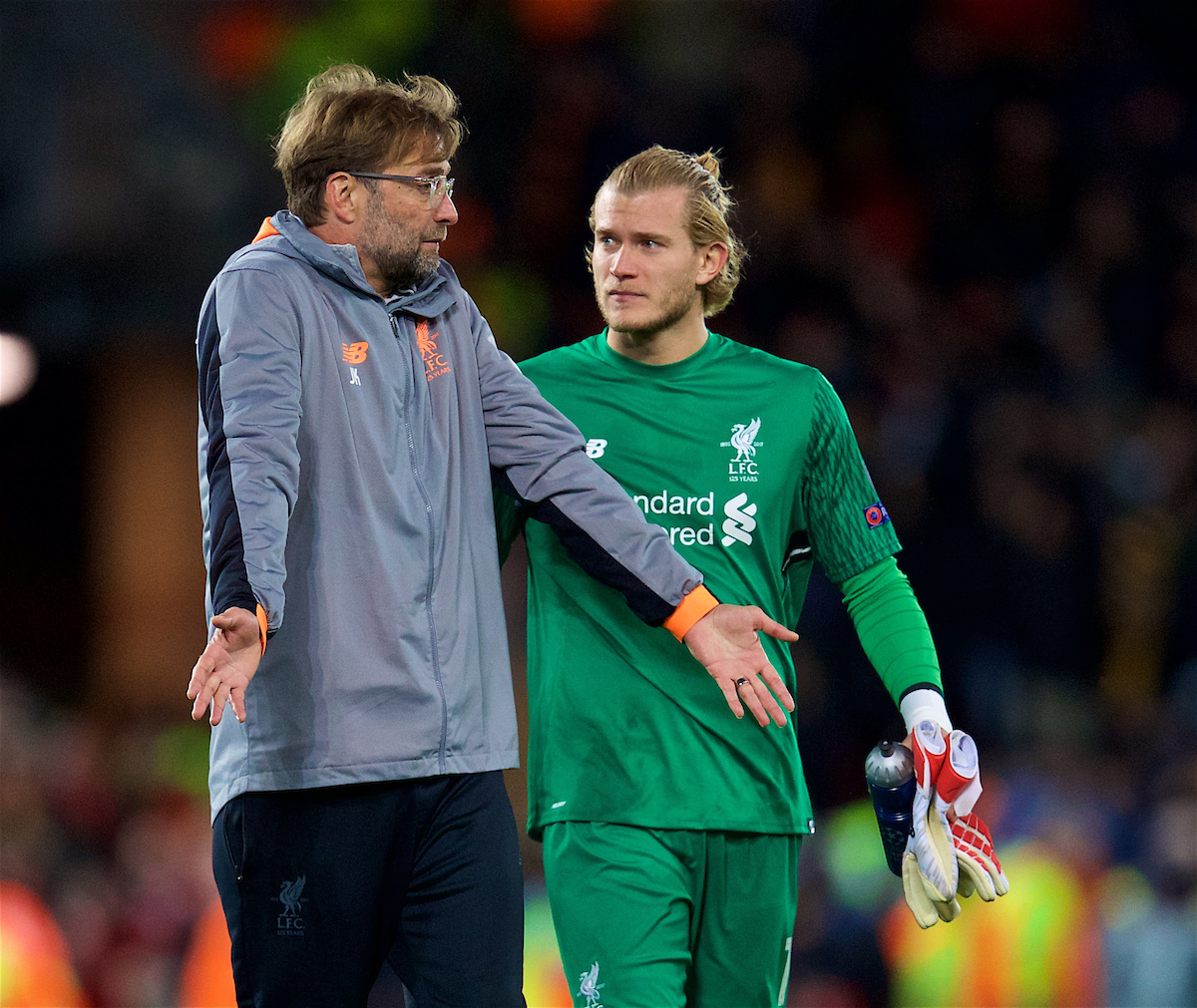 LIVERPOOL, ENGLAND - Tuesday, April 24, 2018: Liverpool's manager Jürgen Klopp and goalkeeper Loris Karius after the 5-2 victory over AS Roma during the UEFA Champions League Semi-Final 1st Leg match between Liverpool FC and AS Roma at Anfield. (Pic by David Rawcliffe/Propaganda)