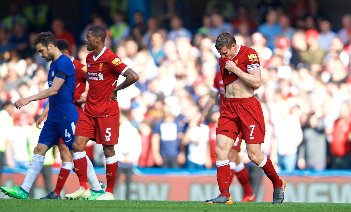 LONDON, ENGLAND - Sunday, May 6, 2018: Liverpool's captain James Milner looks dejected as Chelsea score the only goal of the game during the FA Premier League match between Chelsea FC and Liverpool FC at Stamford Bridge. (Pic by David Rawcliffe/Propaganda)