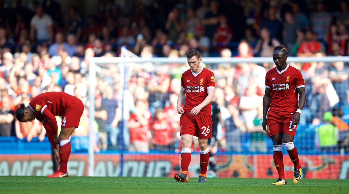 LONDON, ENGLAND - Sunday, May 6, 2018: Liverpool's Andy Robertson and Sadio Mane look dejected as Chelsea score the only goal of the game during the FA Premier League match between Chelsea FC and Liverpool FC at Stamford Bridge. (Pic by David Rawcliffe/Propaganda)