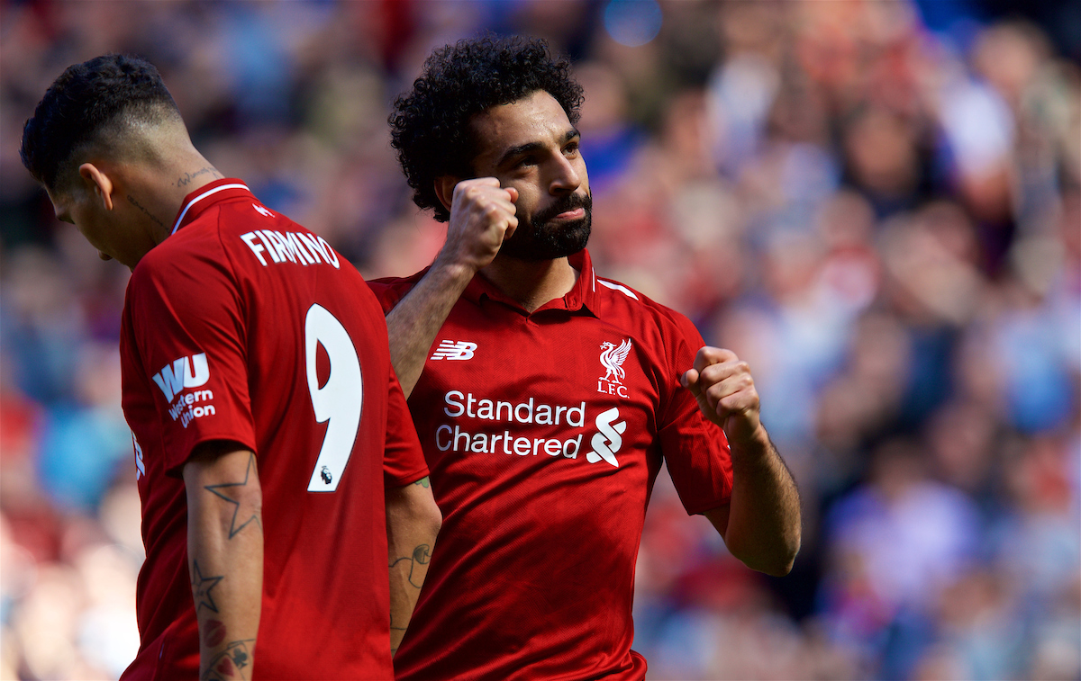 LIVERPOOL, ENGLAND - Sunday, May 13, 2018: Liverpool's Mohamed Salah celebrates scoring the first goal during the FA Premier League match between Liverpool FC and Brighton & Hove Albion FC at Anfield. It was his 32nd league goal of the season making him the leading scorer. Liverpool won 4-0. (Pic by David Rawcliffe/Propaganda)