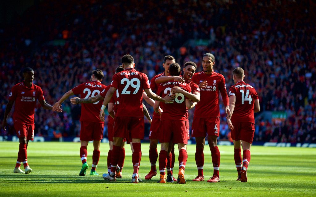 LIVERPOOL, ENGLAND - Sunday, May 13, 2018: Liverpool's Andy Robertson celebrates scoring the fourth goal, his first for the club, with team-mates during the FA Premier League match between Liverpool FC and Brighton & Hove Albion FC at Anfield. Liverpool won 4-0 and finished the season 4th. (Pic by David Rawcliffe/Propaganda)