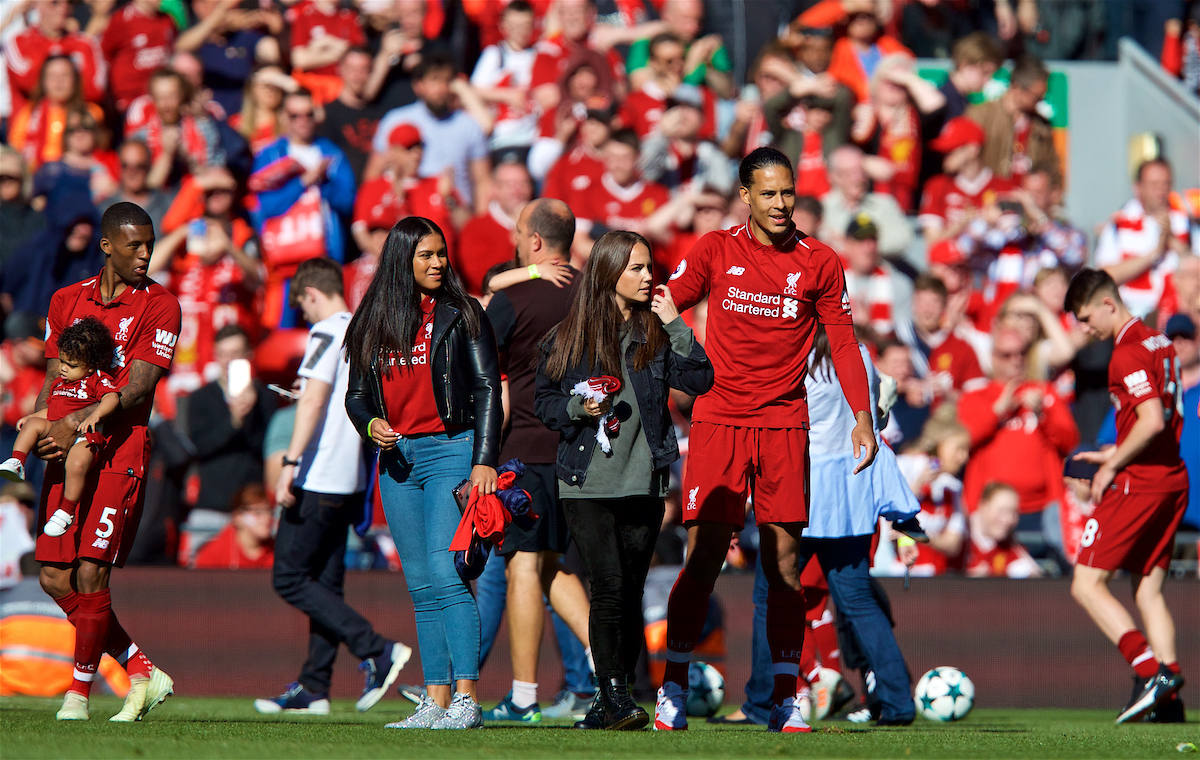 LIVERPOOL, ENGLAND - Sunday, May 13, 2018: Liverpool's Virgil van Dijk during the players' lap of honour after the FA Premier League match between Liverpool FC and Brighton & Hove Albion FC at Anfield. Liverpool won 4-0 and finished 4th. (Pic by David Rawcliffe/Propaganda)