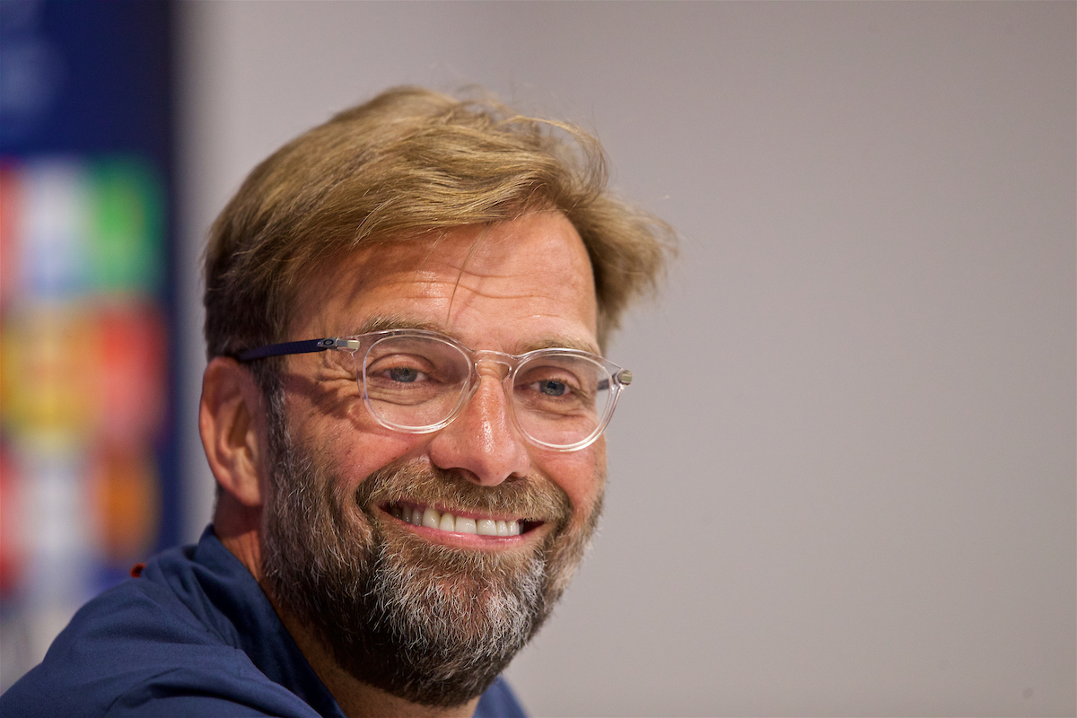 LIVERPOOL, ENGLAND - Monday, May 21, 2018: Liverpool's manager Jürgen Klopp during a press conference at Anfield ahead of the UEFA Champions League Final match between Real Madrid CF and Liverpool FC. (Pic by Paul Greenwood/Propaganda)