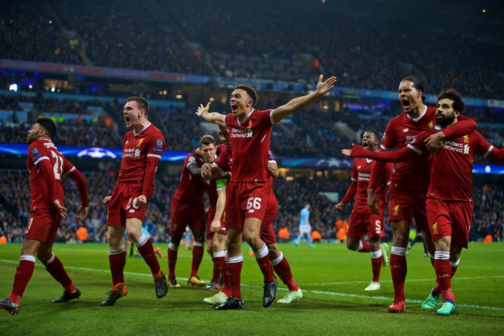 MANCHESTER, ENGLAND - Tuesday, April 10, 2018: Liverpool's Mohamed Salah celebrates scoring the first goal to equalise and make the score 1-1 during the UEFA Champions League Quarter-Final 2nd Leg match between Manchester City FC and Liverpool FC at the City of Manchester Stadium. (Pic by David Rawcliffe/Propaganda)