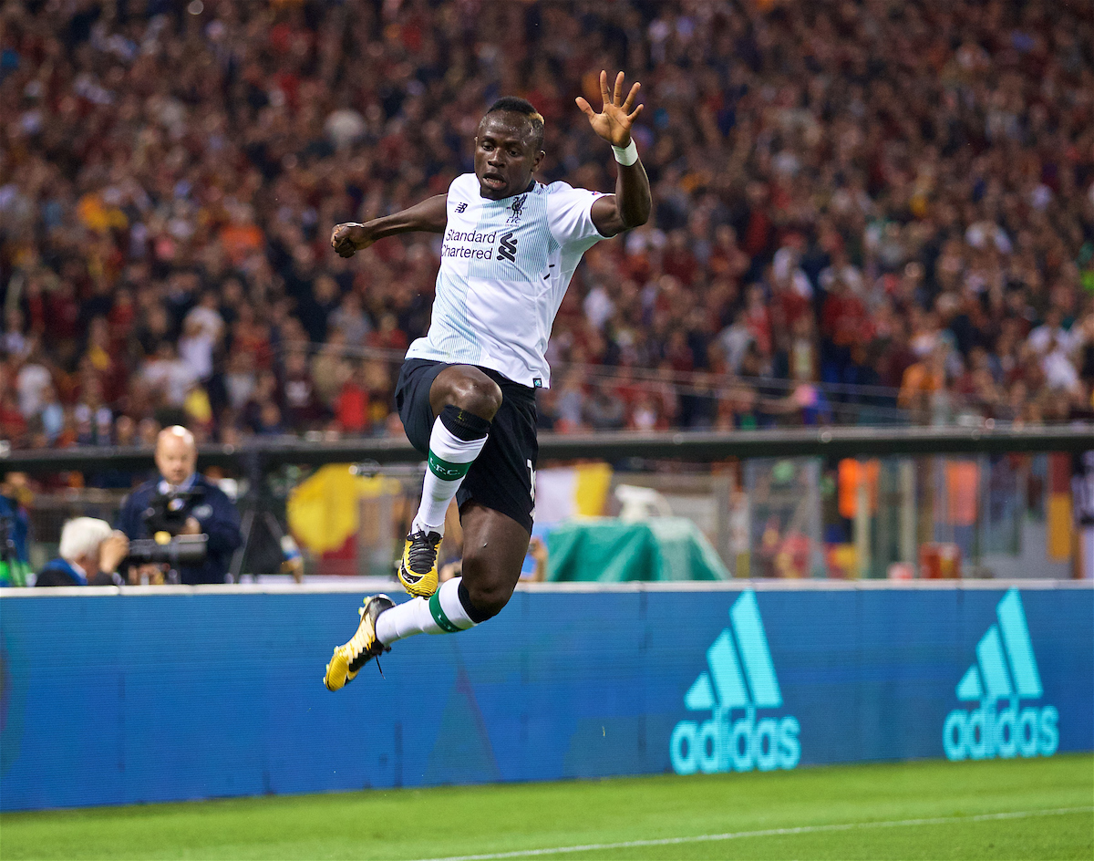 ROME, ITALY - Wednesday, May 2, 2018: Liverpool's Sadio Manes celebrates scoring the first goal during the UEFA Champions League Semi-Final 2nd Leg match between AS Roma and Liverpool FC at the Stadio Olimpico. (Pic by David Rawcliffe/Propaganda)