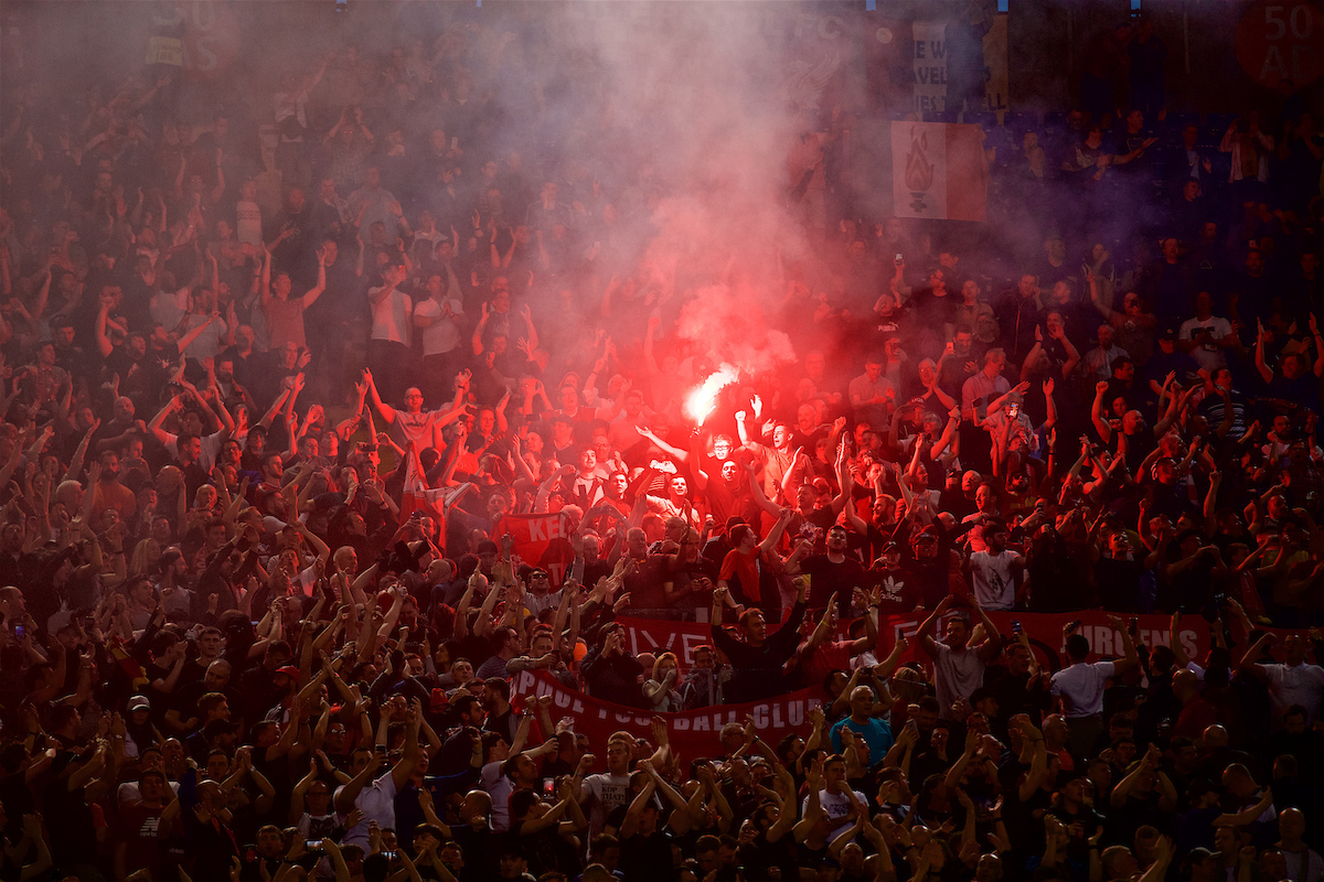 ROME, ITALY - Wednesday, May 2, 2018: Liverpool supporters set off a red flare before the UEFA Champions League Semi-Final 2nd Leg match between AS Roma and Liverpool FC at the Stadio Olimpico. (Pic by David Rawcliffe/Propaganda)