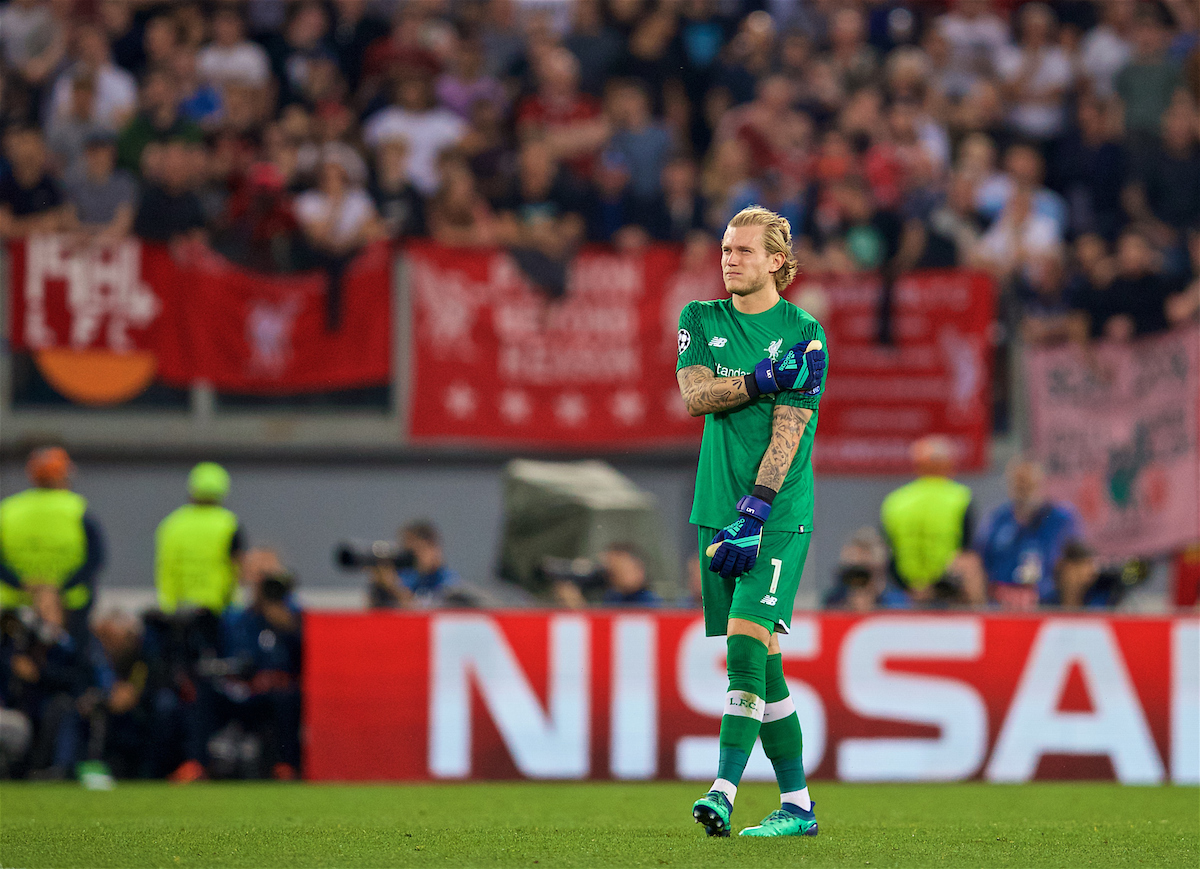 ROME, ITALY - Wednesday, May 2, 2018: Liverpool's goalkeeper Loris Karius holds his shoulder during the UEFA Champions League Semi-Final 2nd Leg match between AS Roma and Liverpool FC at the Stadio Olimpico. (Pic by David Rawcliffe/Propaganda)