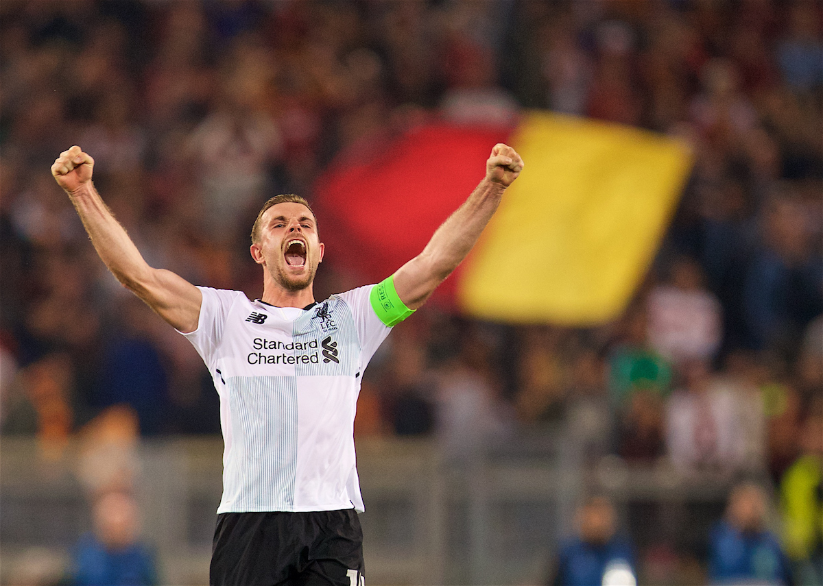 ROME, ITALY - Wednesday, May 2, 2018: Liverpool's captain Jordan Henderson celebrates after the 7-6 aggregate victory over AS Roma during the UEFA Champions League Semi-Final 2nd Leg match between AS Roma and Liverpool FC at the Stadio Olimpico. (Pic by David Rawcliffe/Propaganda)
