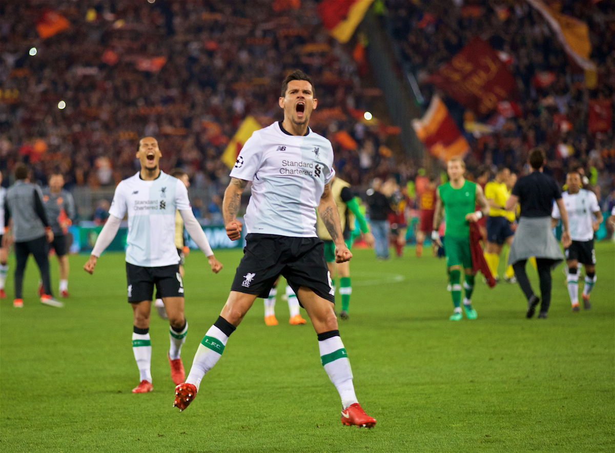 ROME, ITALY - Wednesday, May 2, 2018: Liverpool's Dejan Lovren celebrates after the 7-6 aggregate victory over AS Roma during the UEFA Champions League Semi-Final 2nd Leg match between AS Roma and Liverpool FC at the Stadio Olimpico. (Pic by David Rawcliffe/Propaganda)